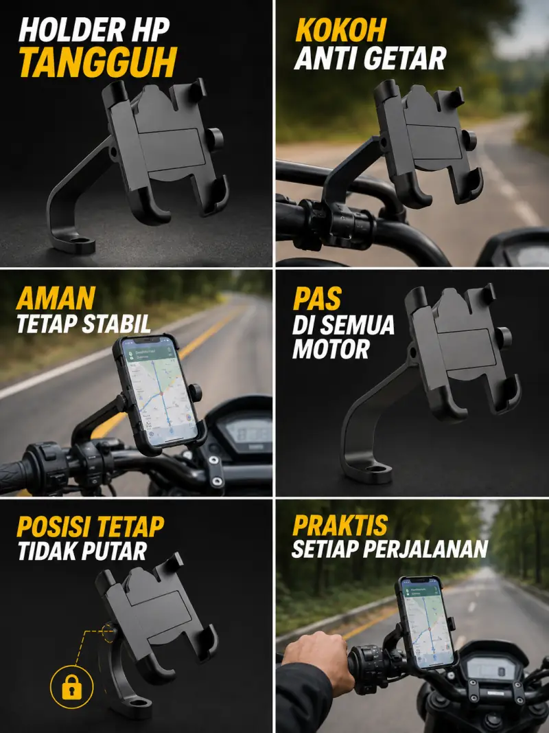 Holder HP Tangguh - Kokoh Anti Getar, Aman Tetap Stabil, Pas di Semua Motor, Posisi Tetap Tidak Putar