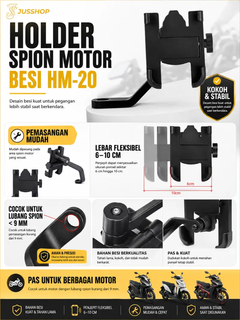 Holder Spion Motor Besi HM-20 - Kokoh & Stabil, Lebar Fleksibel 6-10cm, Cocok Untuk Lubang Spion < 9mm