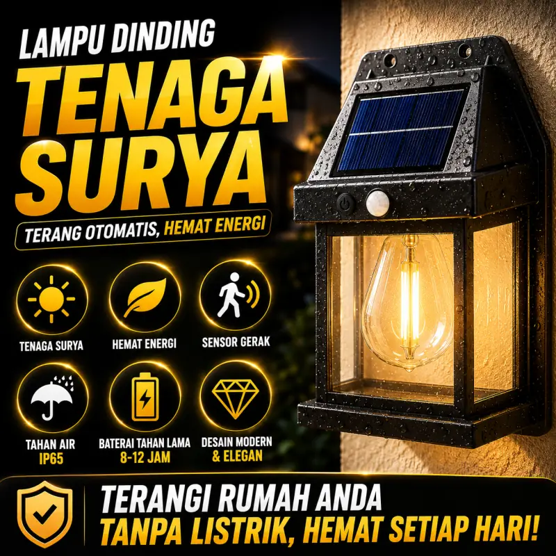 Lampu Dinding Tenaga Surya - Terang Otomatis, Hemat Energi, Tahan Air IP65, Baterai 8-12 Jam
