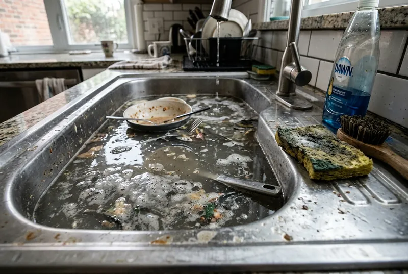 Wastafel dapur tergenang air kotor dan sisa makanan