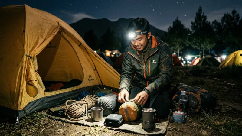 Camping dan tracking malam hari dengan senter kepala
