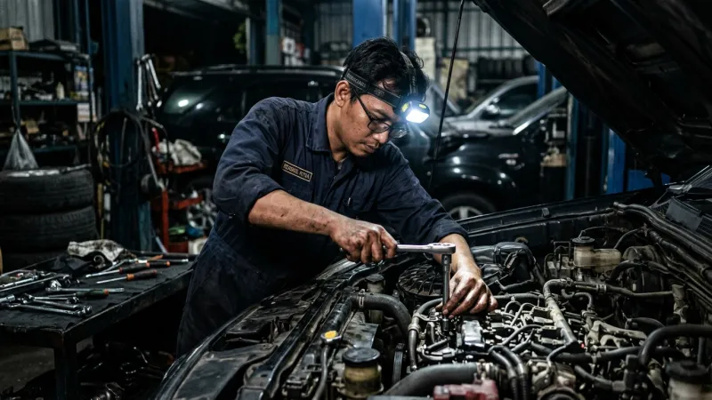 Pekerjaan teknisi otomotif dengan headlamp sensor gerak
