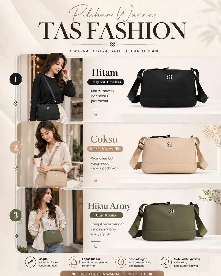 Pilihan Warna Tas Fashion: Hitam Elegan, Coksu Manis, dan Hijau Army Unik