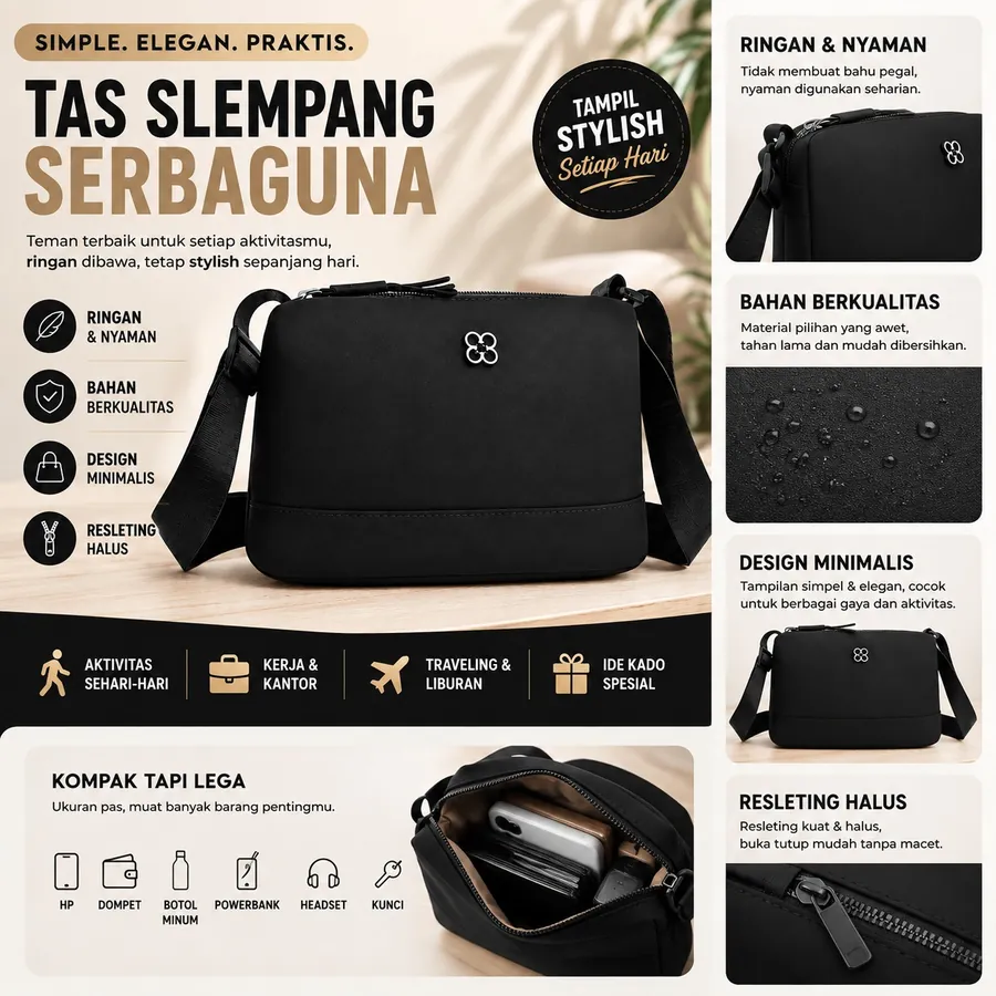 Tas Slempang Serbaguna - Ringan & Nyaman, Bahan Berkualitas, Design Minimalis, Resleting Halus, Kompak Tapi Lega